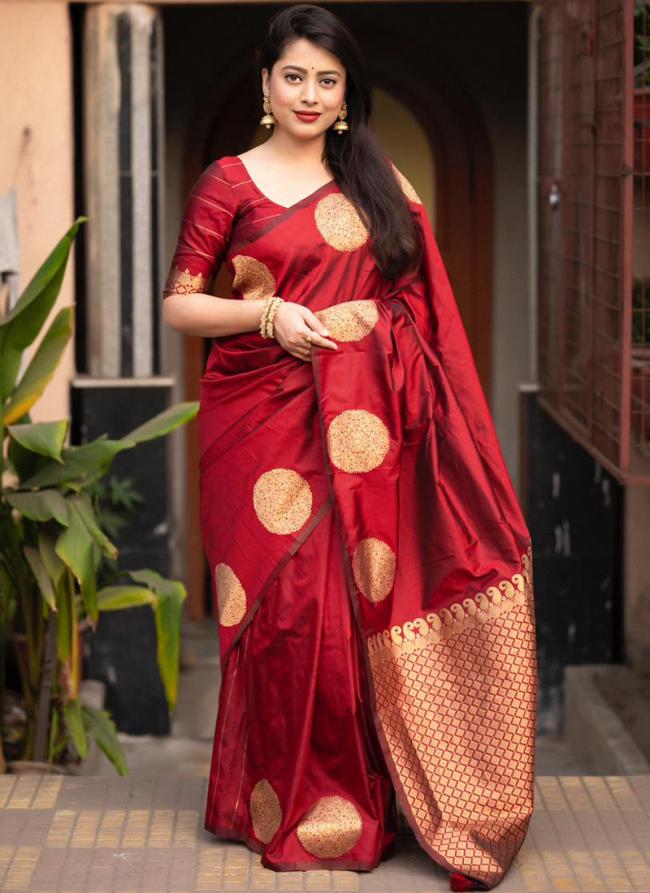 Soft Silk Maroon Festival Wear Zari Work Saree